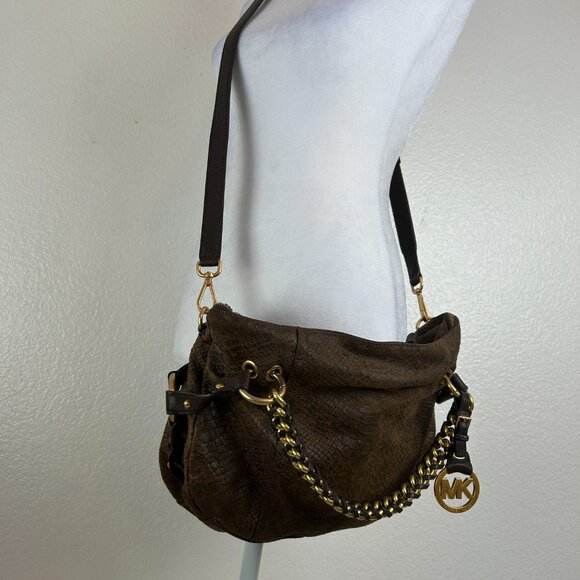 Michael Kors Tristan Mocha Satchel/Crossbody Suede Leather Snakeskin Gold Plated - Picture 16 of 16